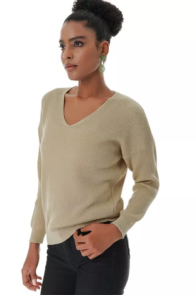 Dames Katoenen V-Hals Turtleneck Tricot Trui Cognac 