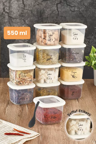 Набор маленьких контейнеров для хранения продуктов с ложкой, черная трафаретная этикетка, 0 литров, белый