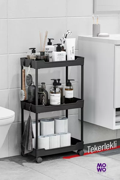 Mowo 3-laags zwart badkamerrek op wielen, keukenrek, handdoekenrek, wasmiddelhouder, make-up organizer Vesken