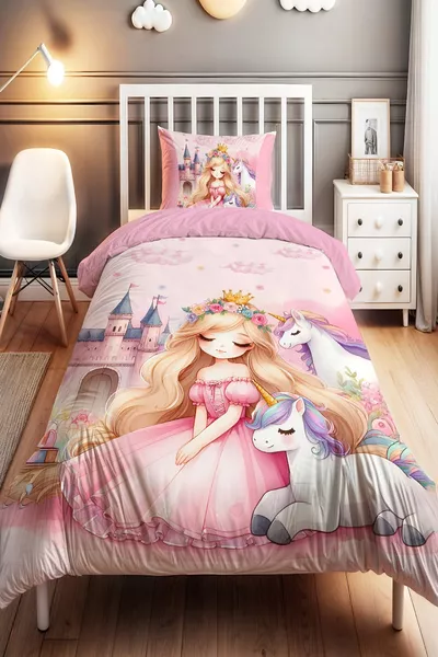 Single Bed Baby Kids Duvet Cover Set with Unicorn Princess Pattern