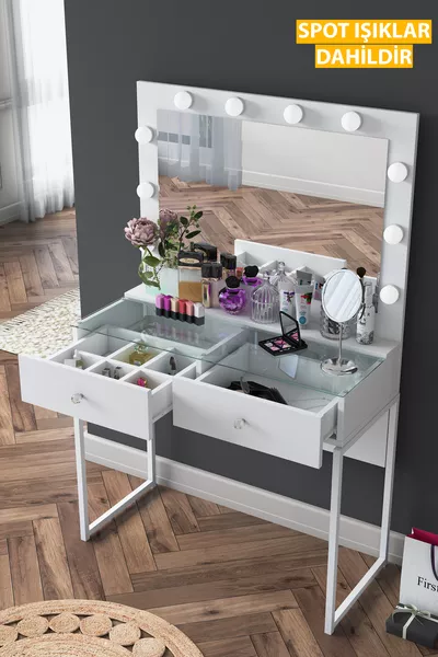 Rani Hollywood Verlichte Spiegel Make-uptafel met 2 Lades Sieraden Organizer Wit