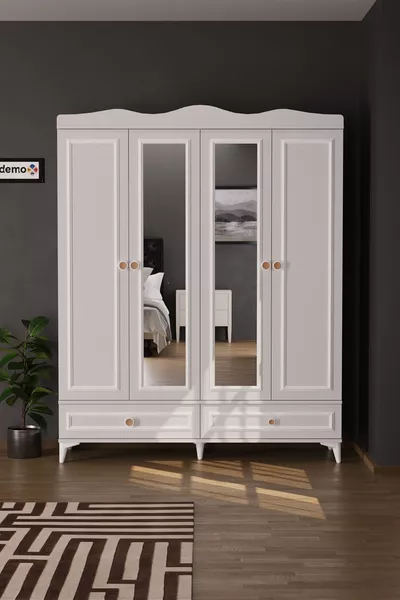 Armoire Nova à 4 portes avec 2 tiroirs et miroir, blanche