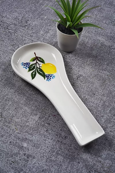 Керамичен поставка за лъжици с лимонов десен за плота, подложка за черпак и лъжица