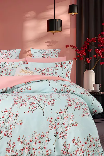 Parure de lit avec drap-housse pour lit double Blossom Bleu