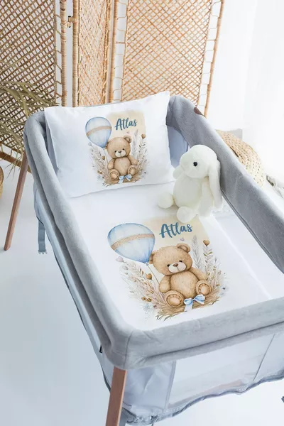 % Cotton Satin Personalized  Crib Bed Duvet Cover Set with Name Teddy Bear