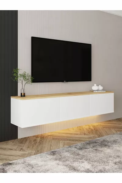 Neon LED Light Wall-Mounted, 3-Door TV Stand, TV Unit White/Sapphire Oak