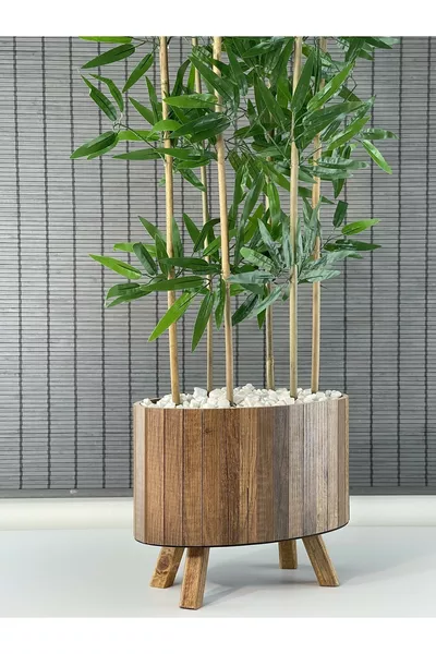 Декоративно бамбуково дърво с изкуствени плътни листа, модел елипса с дървена саксия на крака, височина  см, 6 стъбла