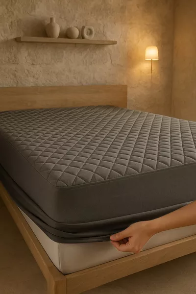 Verstevigde katoenen matrasbeschermer met full-hoge rand, grijs