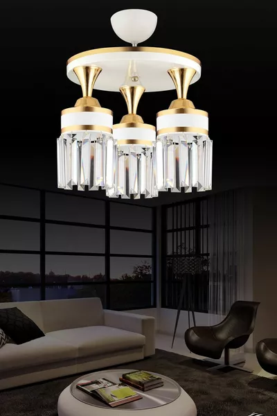 Nairobi 3-Light White Ceiling Lamp with Crystal Stones and Yellow Striped Downward Cylinder Luxury Chandelier