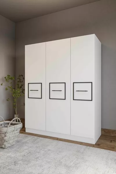 Armadio elegante bianco con strisce nere, 3 ante e 8 scomparti