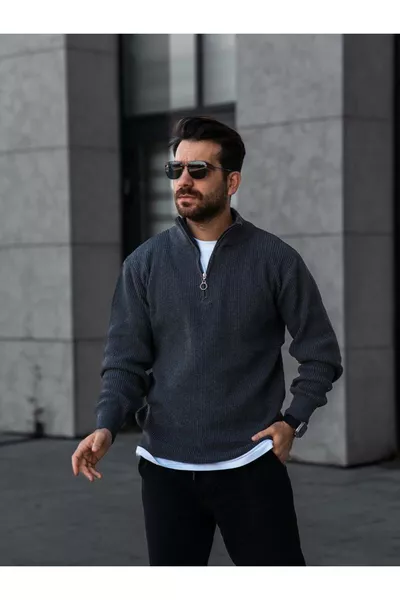 Heren Trui met Halve Rits van Fijn Gebreid Fume