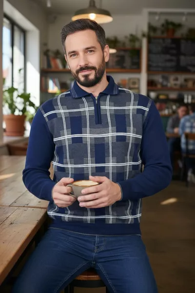 كنزة رجالية صوفية شتوية للآباء بنقشة حياكة فولاذية، بياقة قميص، بسوستة، ياقة بولو، لا تتنسج