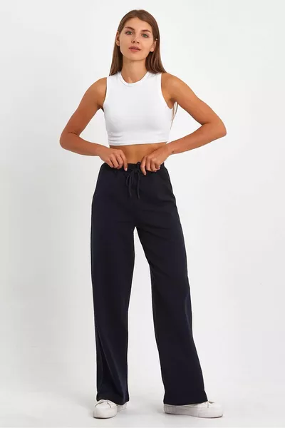 Pantalon de survêtement femme décontracté à coupe large, poches latérales, bleu marine, style saisonnier