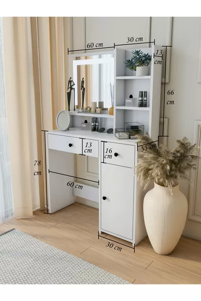 طاولة مكياج بيضاء منظم لمجوهرات وإكسسوارات مع أدراج ورفوف ومرآة خاصة بإضاءة LED