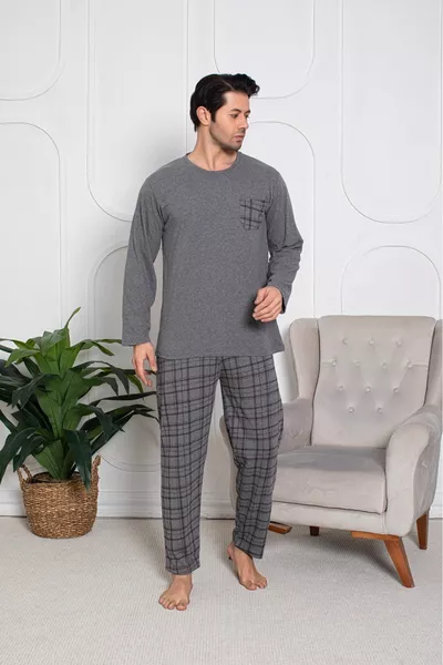 Ercan Herren Graues Pyjama-Set mit oberer Tasche