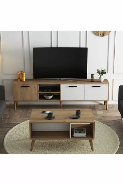 Set Exxen Cm (WOODEN LEGS) TV Unit - Coffee Table Set Basket - White Color
