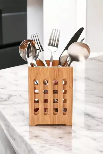 Бамбукова поставка за лъжици, декоративна вертикална поставка за лъжици за плота, бамбуков кухненски организатор