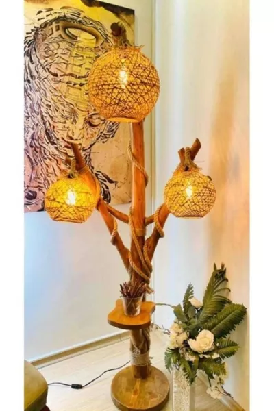 Стояща лампа от естествено дърво,  см, серия Halikarnas, осветление за ъгъл, дървена лампа от труп