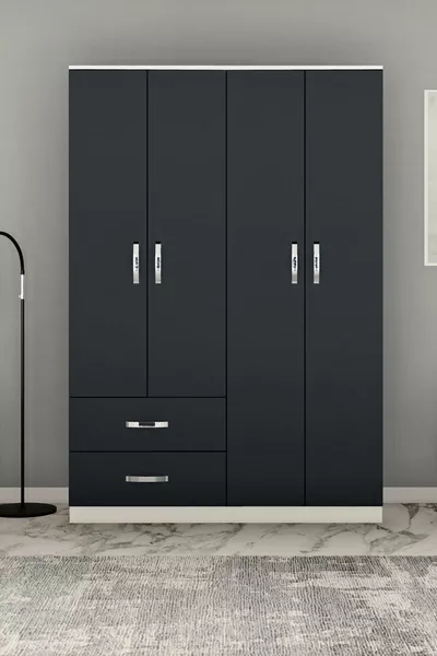 Beyaz Antrasit Gri 4 Kapılı 2 Çekmeceli  Gardrop Gm  Novay