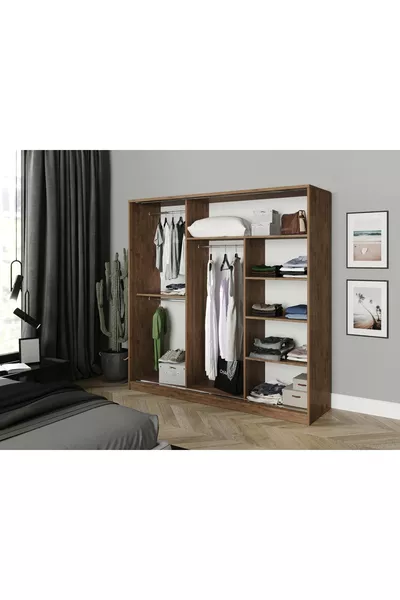 Armadio con specchio scorrevole a 3 ante Samira - Interamente in MDF noce