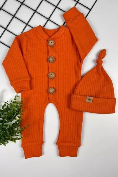 % Cotton Wooden Button Ribbed Style Hat Baby Romper