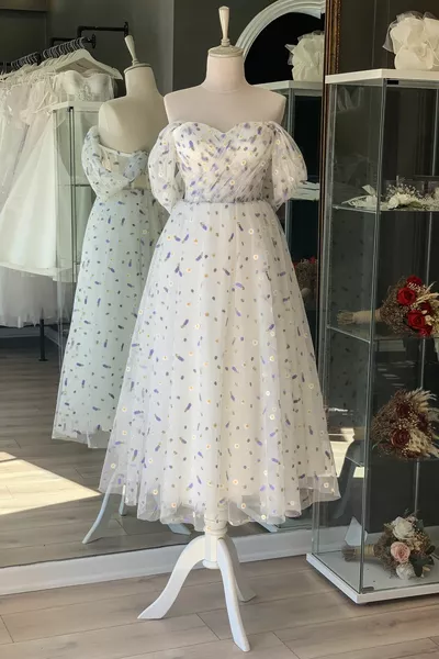 Бяла лилава маргаритка Midi дължина тюл вечерна рокля и вечерна рокля