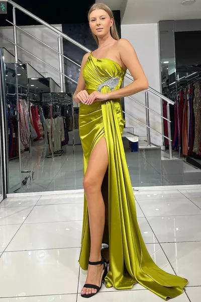 Pistachio green long satin evening dress with stone detail