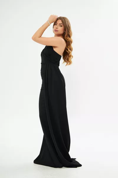 أسود بسط النسيج واحد الكتف الجانب الذيل مفصلة الأسماك قطع مساء اللباس والتخرج اللباس  