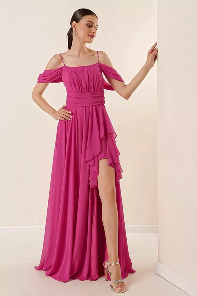 Ip Askılı Düşük Kollu Önü Drapeli Volanlı Ön Yandan Yırtmaçlı Astarlı Uzun Şifon Elbise Fuşya