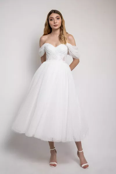 المرأة الأبيض البولكا نقطة ميدي طول مساء اللباس