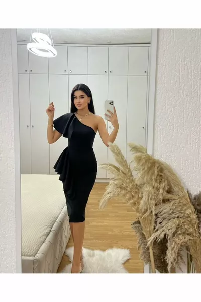 One Shoulder Ruffled Waist Matching Pencil Evening Dress