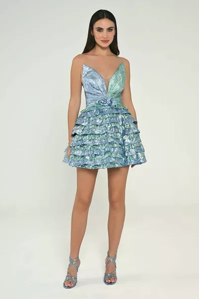 V-образный вырез складчатая юбка блестящая ткань короткое платье