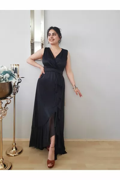Дамска черна шифон двуредна вечерна рокля