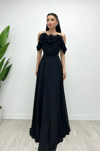 Шифон плат шнур и роза подробни макси рокля - ЧЕРНО