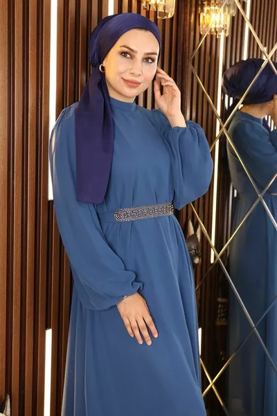 حزام مفصل الشيفون مساء اللباس نيلي 