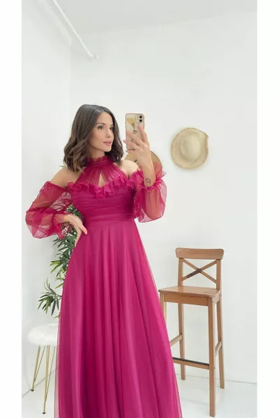 نسائي بأكمام تول درابيه فستان سهرة بتفاصيل مرنة