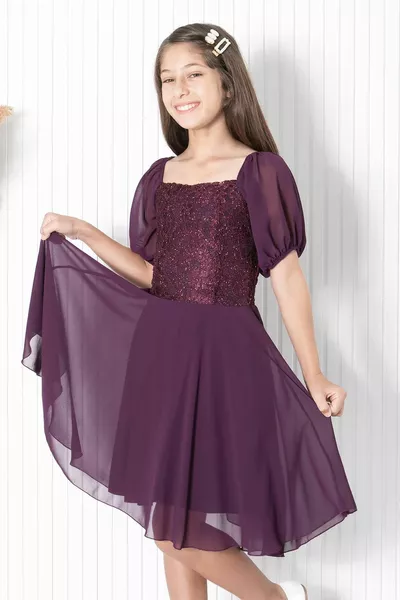 Balloon Sleeve Detailed Chiffon Evening Dress Plum 