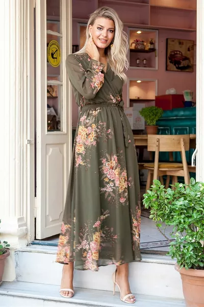 Дълга жълта флорална рокля от шифон - каки