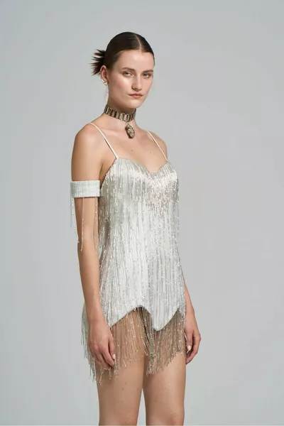 Handbesticktes asymmetrisches Andromeda-Mini-Einladungskleid für Damen