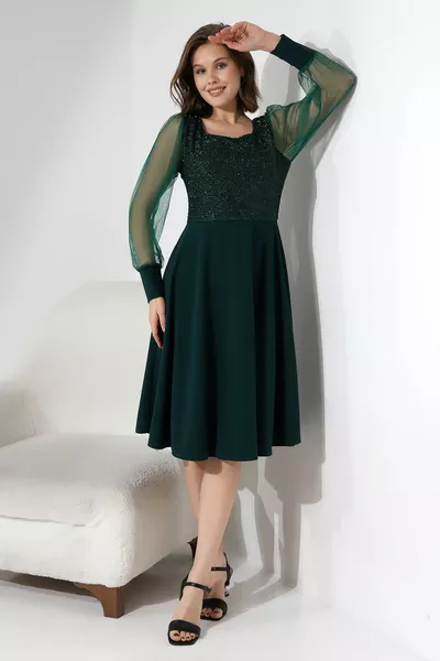 YEŞİL Simli Yuvarlak Yaka Elbise 