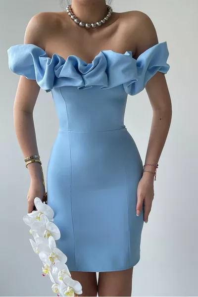 Damen Atlas Stoff Rüschen Kragen Design Baby Blau Mini Mini Abendkleid 