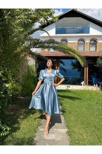 Balon kol saten elbise