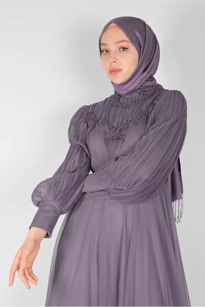 Kadın Mor (LAVANTA) Incili Nakışlı Abiye Elbise 