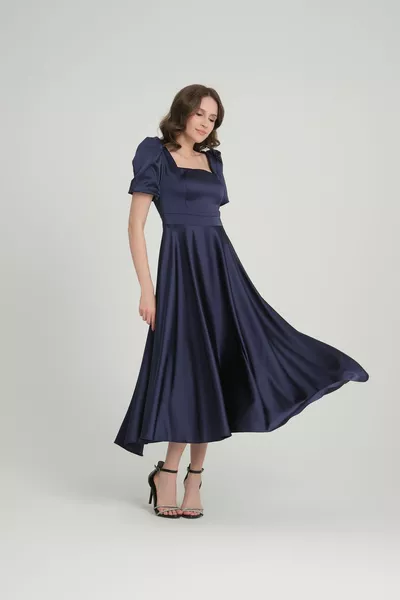 kadın kare yakalı balon kollu kısa midi boy astarlı saten kloş abiye