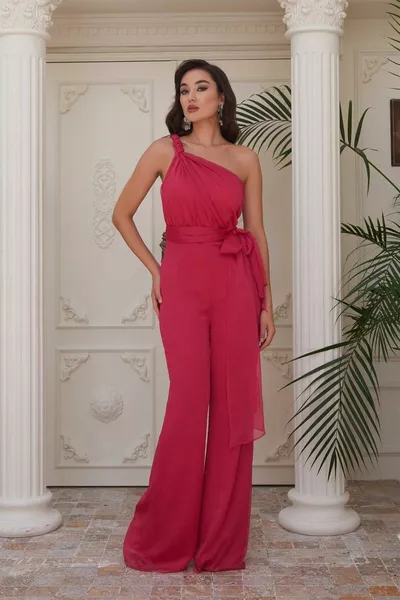 Fuşya Şifon Tek Omuz Örgülü Tulum