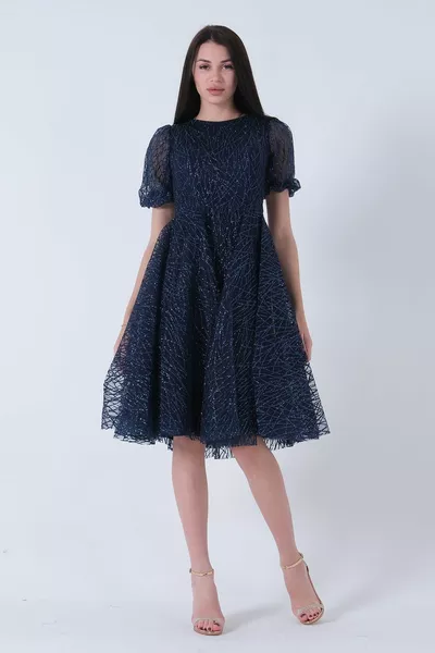 ميدي طول قصيرة جولة الرقبة بريق تول مساء اللباس الأزرق الداكن 