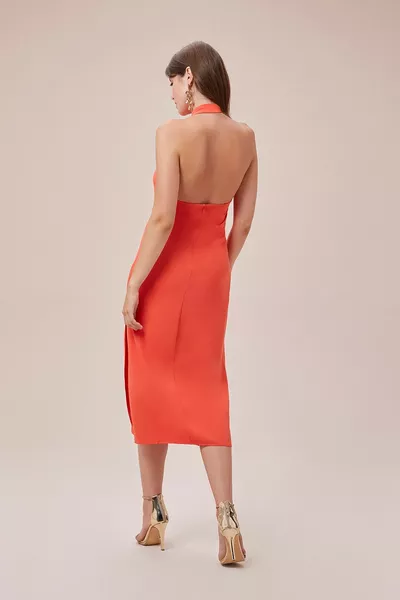 TR البرتقالي الرسن الرقبة منخفضة قطع كريب اللباس