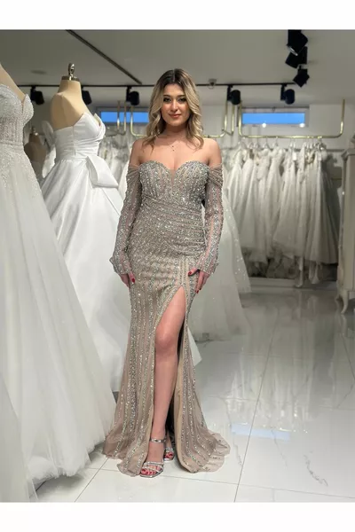 شق السمك مفصلة تصميم خاص الحجر مطرزة مساء اللباس 