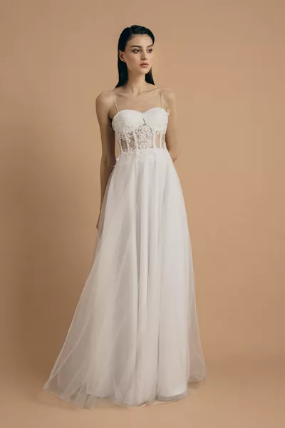 أبيض شفاف كريستال مطرزة الدانتيل مفصلة بريق مساء اللباس وفستان الزفاف