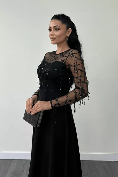 Haut à paillettes à franges Bas Double tissu Midiboy Robe - Noir